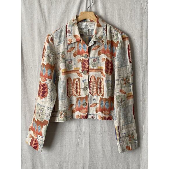 Vintage Doncaster Womens Earthy Old Money Linen Leaf Print Jacket Size 6 - Picture 1 of 8